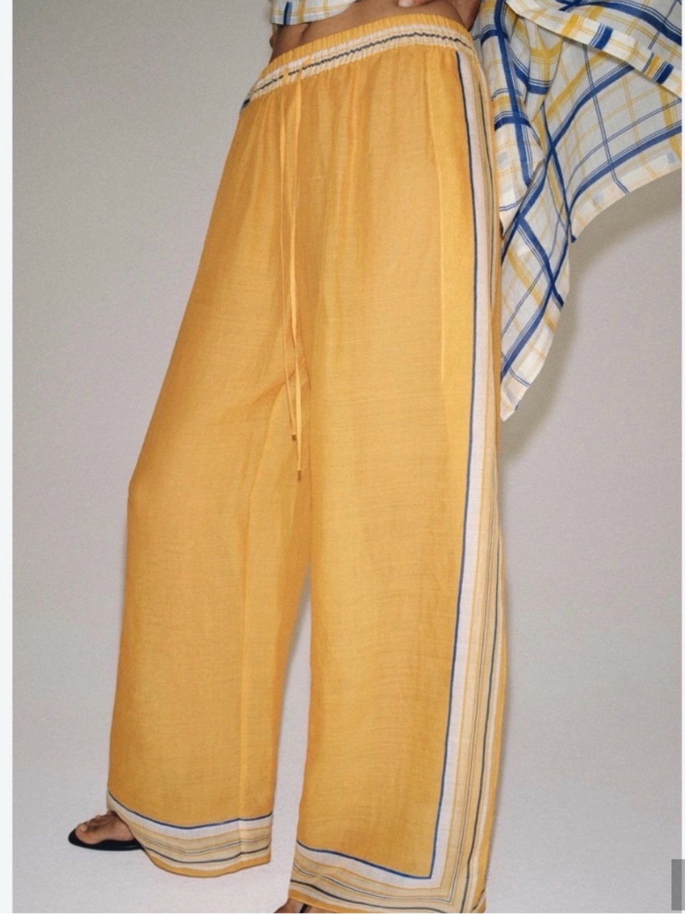Zara Mustard Yellow Wide-Leg Drawstring Pants 100% ramie